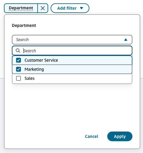 Die Analytics-Dashboard-Seite, das Drop-down-Menü mit den Filterwerten.
