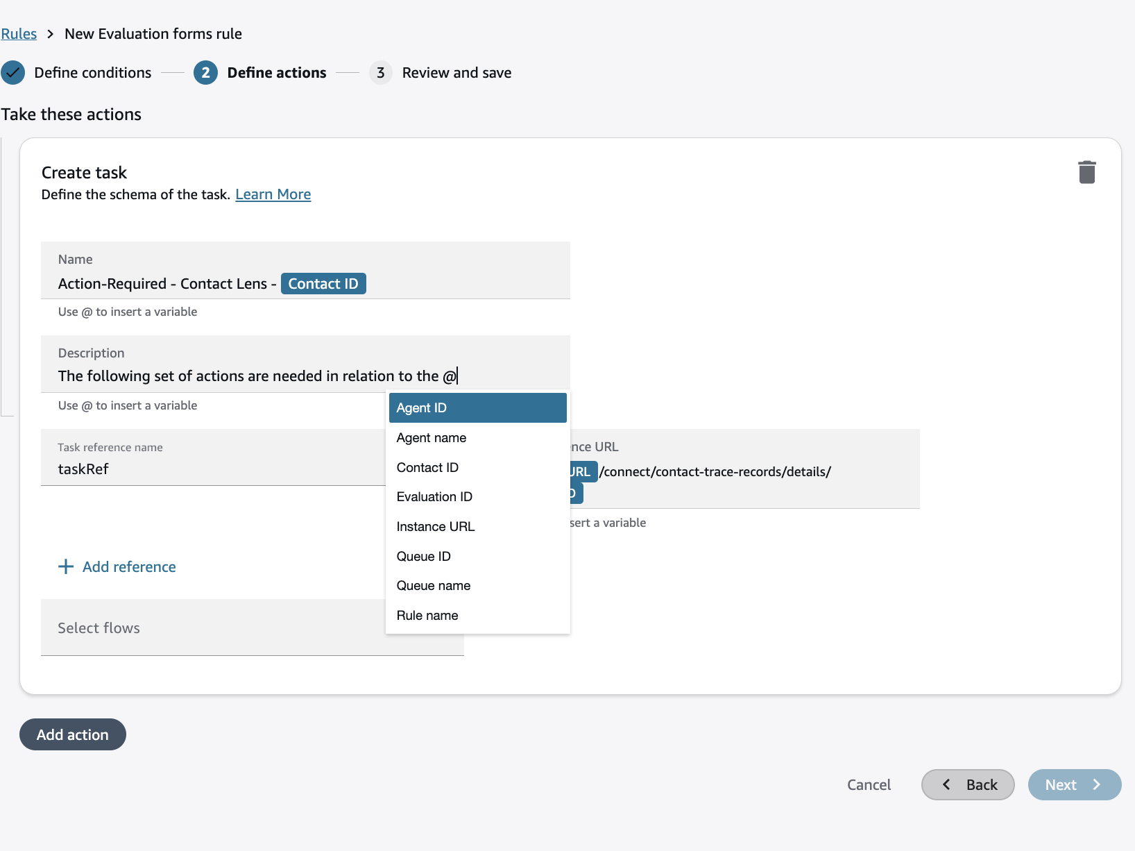 Die Aufgabenaktion mit dynamischen Variablen.