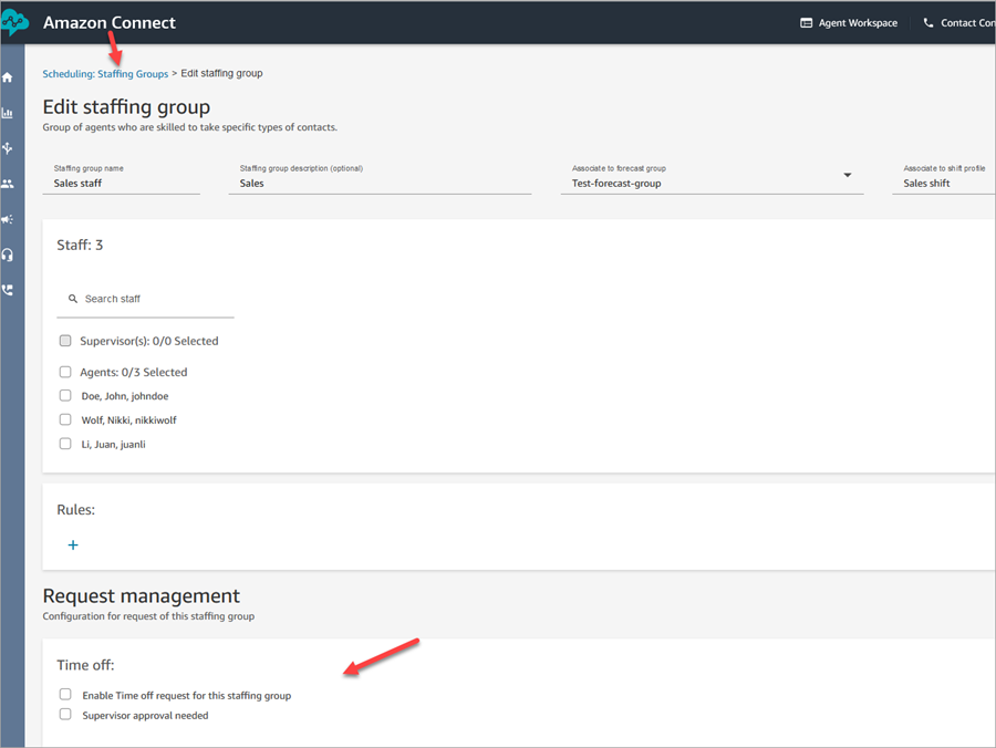 Der Abschnitt „Verwaltung von Anfragen“ der Seite „Mitarbeitergruppe bearbeiten“