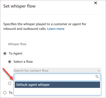 Die Seite „Eigenschaften“ des Blocks „Whisper Flow festlegen“, Option „Standard-Whisper für den Kundendienstmitarbeiter“