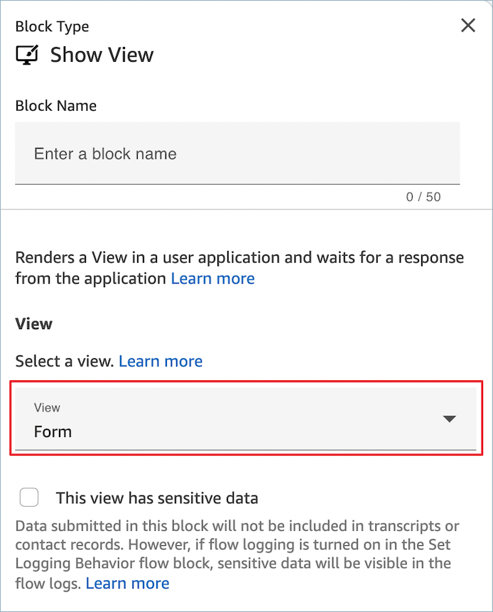 Die Seite „Eigenschaften“ des Blocks „Ansicht anzeigen“.