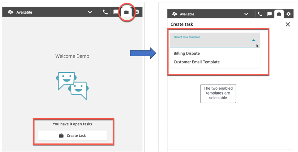 Die Schaltfläche „Aufgabe erstellen“ im CCP, die beiden Vorlagen, die die Kundendienstmitarbeiter auswählen können.