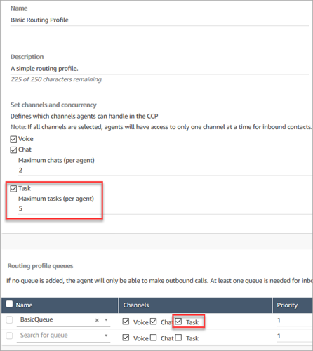 In der Option „Aufgaben“ ist die maximale Anzahl an Aufgaben pro Kundendienstmitarbeiter auf 5 festgelegt, die Warteschlange ist auf „Sprache“, „Chat“ und „Aufgabe“ gesetzt.