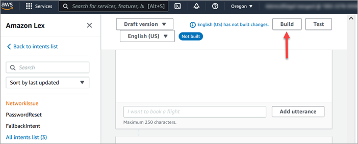 Die Amazon Lex-Konsole, die Build-Schaltfläche.