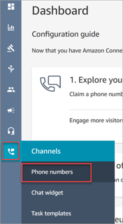 Das Amazon-Connect-Navigationsmenü, das Kanalsymbol und die Option Telefonnummern.