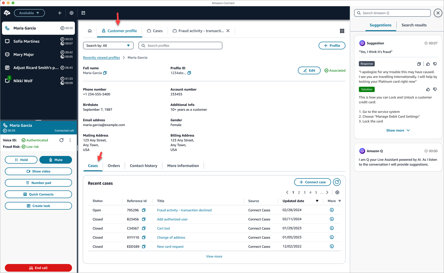 Die Registerkarte „Kundenprofil“ im Kundendienstmitarbeiter-Workspace.