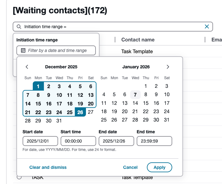 Die Worklist-App zeigt den Zeitbereichsfilter zur Auswahl von Datumsbereichen für den Kontakthistorie.