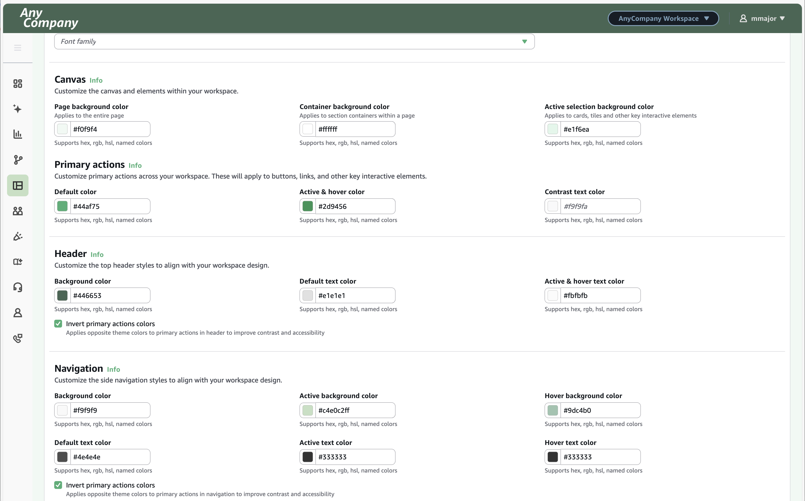 Formular zur Anpassung des Workspace-Designs für das Farbschema.