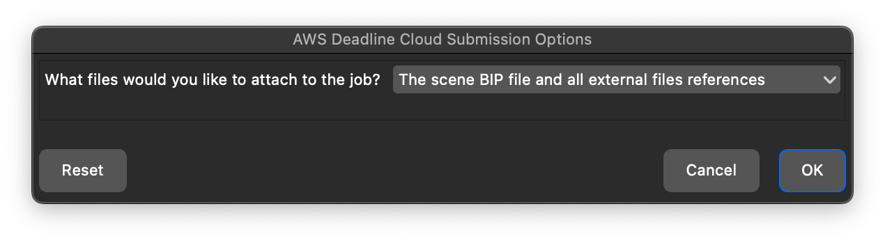 Das Dialogfeld „Deadline Cloud Submission Options“ fordert den Benutzer auf, auszuwählen, welche Dateien an den Job angehängt werden sollen.