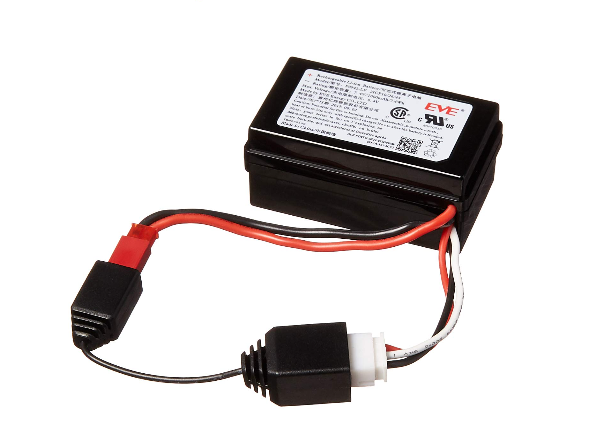 Das Bild zeigt ein Batterieentriegelungskabel, das an eine DeepRacer AWS-Batterie angeschlossen ist.