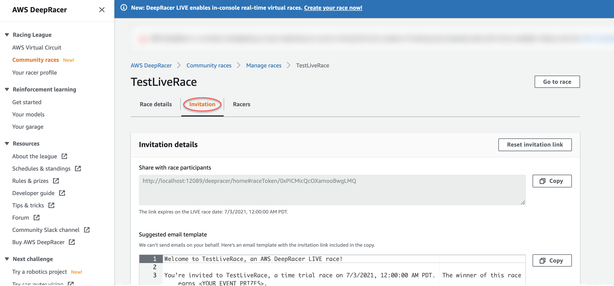Kopiere einen Rennlink, um ihn unter dem Tab Einladungen eines LIVE-Rennens mit den Rennfahrern zu teilen.