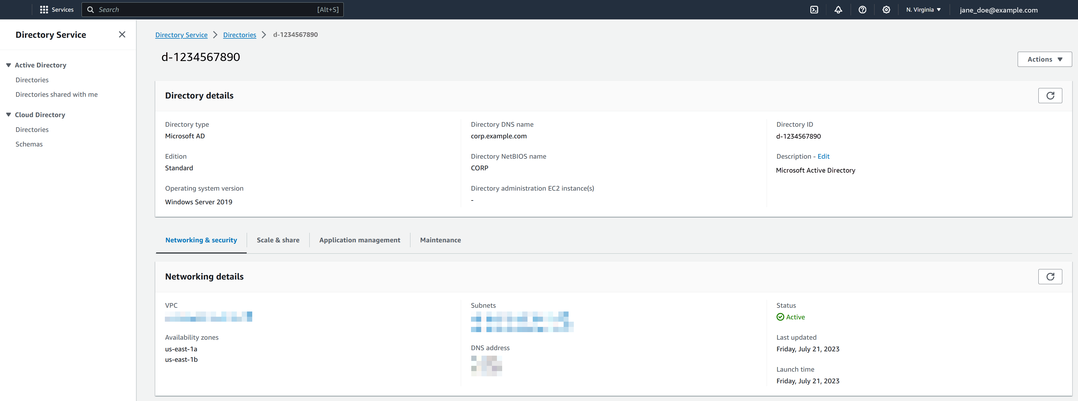 Directory Service Seite mit den Verzeichnisdetails.