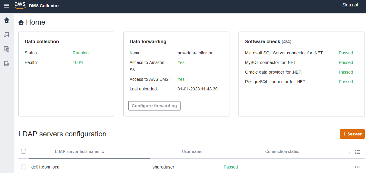 AWS DMS Startseite des Datensammlers.