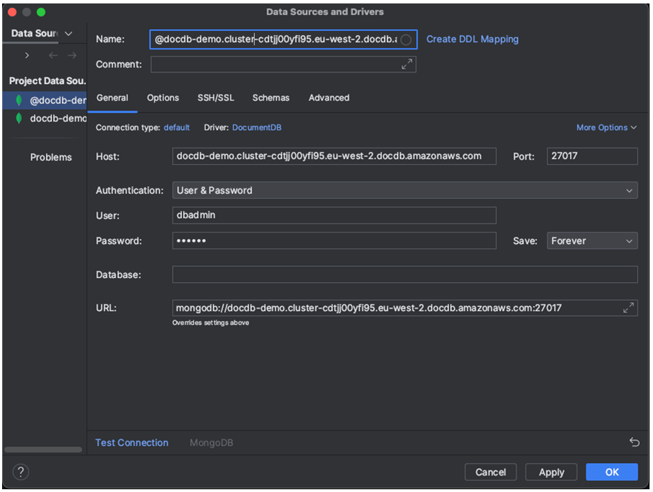 Host-, Port-, Authentifizierungs-, Datenbank- und URL-Felder auf der Registerkarte „Allgemein“ der Benutzeroberfläche „Datenquellen und Treiber“.