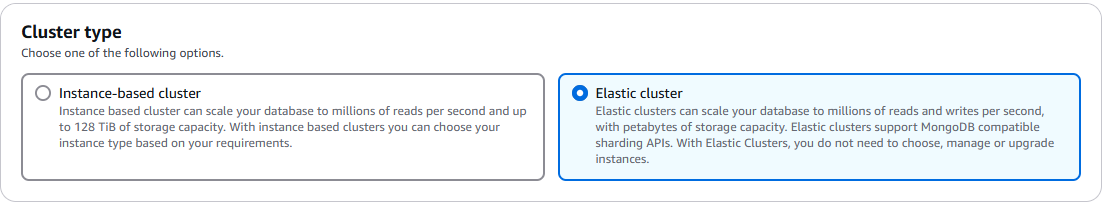 Das Dialogfeld Elastic Cluster Cluster-Typ zeigt eine Auswahl an instanzbasierten Clustern und Elastic Clustern an.