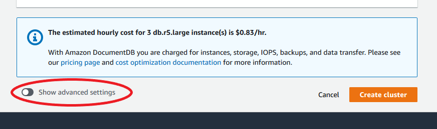 Umschaltfläche „Erweiterte Einstellungen anzeigen“ neben den Schaltflächen „Abbrechen“ und „Cluster erstellen“.