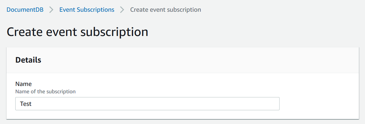 Das Formular „Event-Abonnement erstellen“ mit dem Abschnitt „Details“ und dem Eingabefeld „Name“.