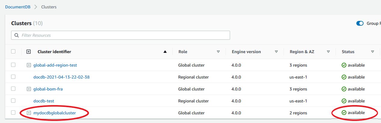 Liste der regionalen und globalen Cluster mit dem Verfügbarkeitsstatus, wobei mydocdbglobalcluster hervorgehoben ist.