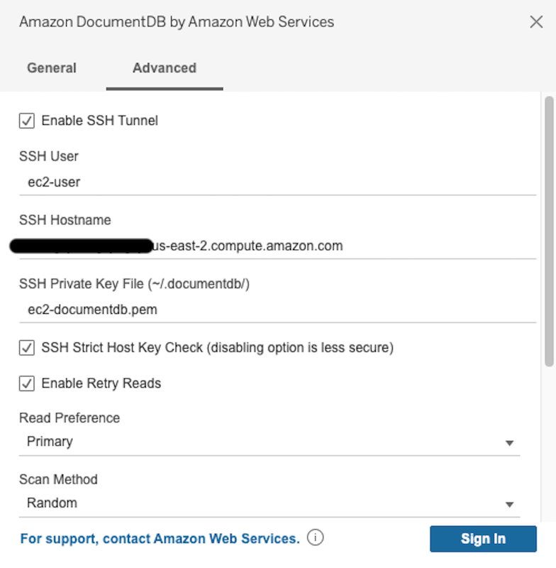 Registerkarte „Erweitert“ in der Amazon DocumentDB DocumentDB-Connector-Schnittstelle, wobei „SSH-Tunnel aktivieren“ ausgewählt ist und zusätzliche SSH-Eingabefelder angezeigt werden.