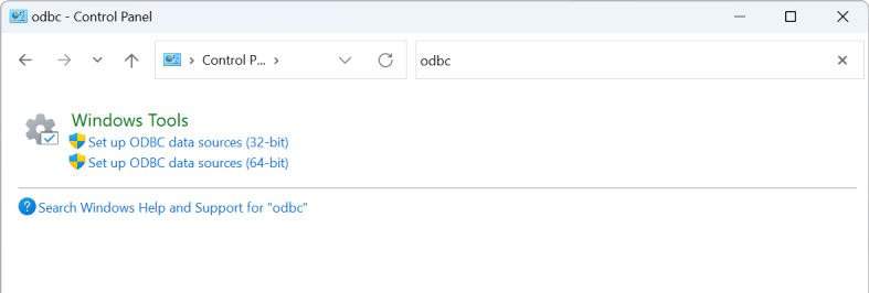 Benutzeroberfläche der Windows-Systemsteuerung mit Einrichtungslinks für ODBC-32-Bit- und 64-Bit-Datenquellen.