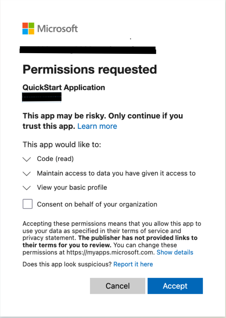 Screenshot zur Anforderung von Microsoft-Berechtigungen für Erstbenutzer, wenn sie eine Verbindung zu Azure herstellen DevOps.