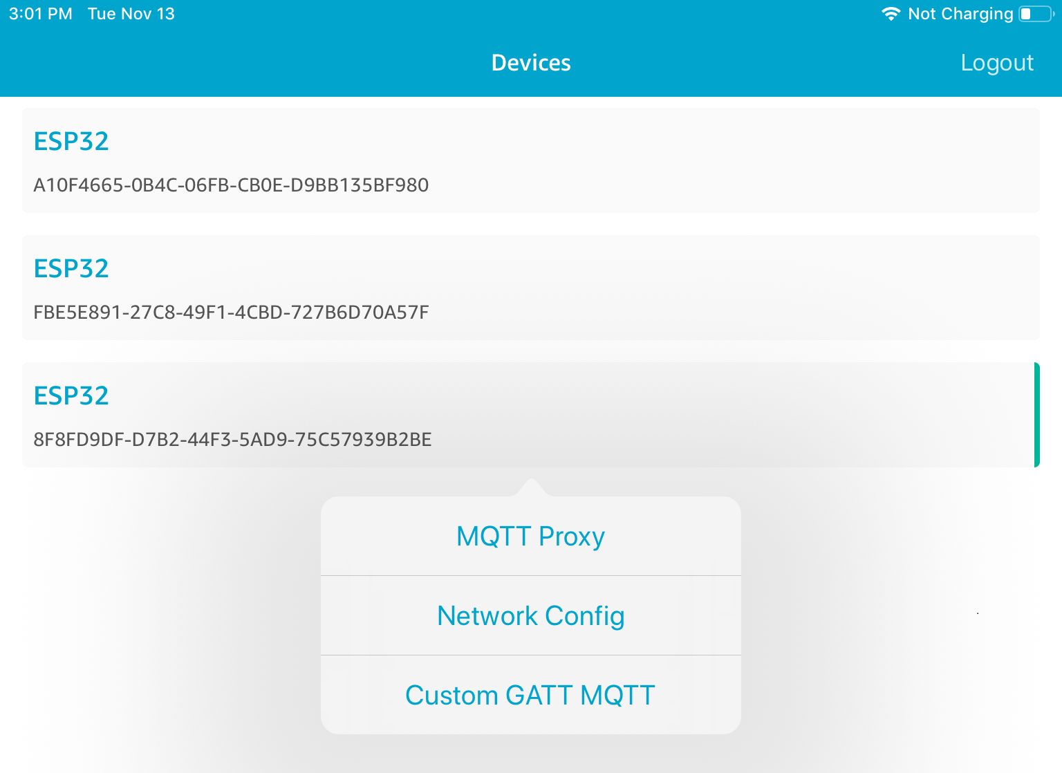 Nachfolgend finden Sie eine Liste von drei ESP32 Geräten IDs mit den Optionen MQTT Proxy, Network Config und Custom GATT MQTT.