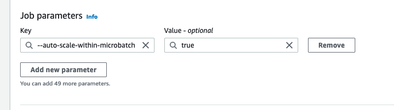 Der Screenshot zeigt die Auftragsparameter für Schlüssel und Wert. Das Feld Schlüssel enthält den Wert --auto-scaIe-within-microbatch und das Feld Wert enthält den Wert true.