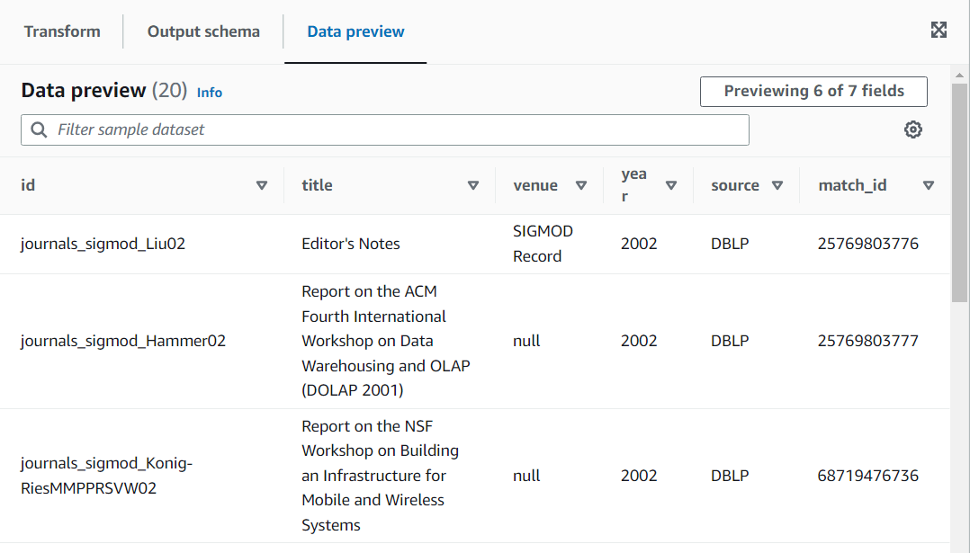 Der Screenshot zeigt eine Datenvorschau für die Transformation.