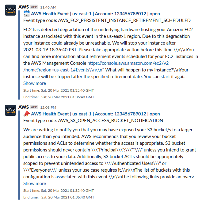 Screenshot, wie zwei AWS Health Ereignisse in einem Slack-Channel erscheinen.