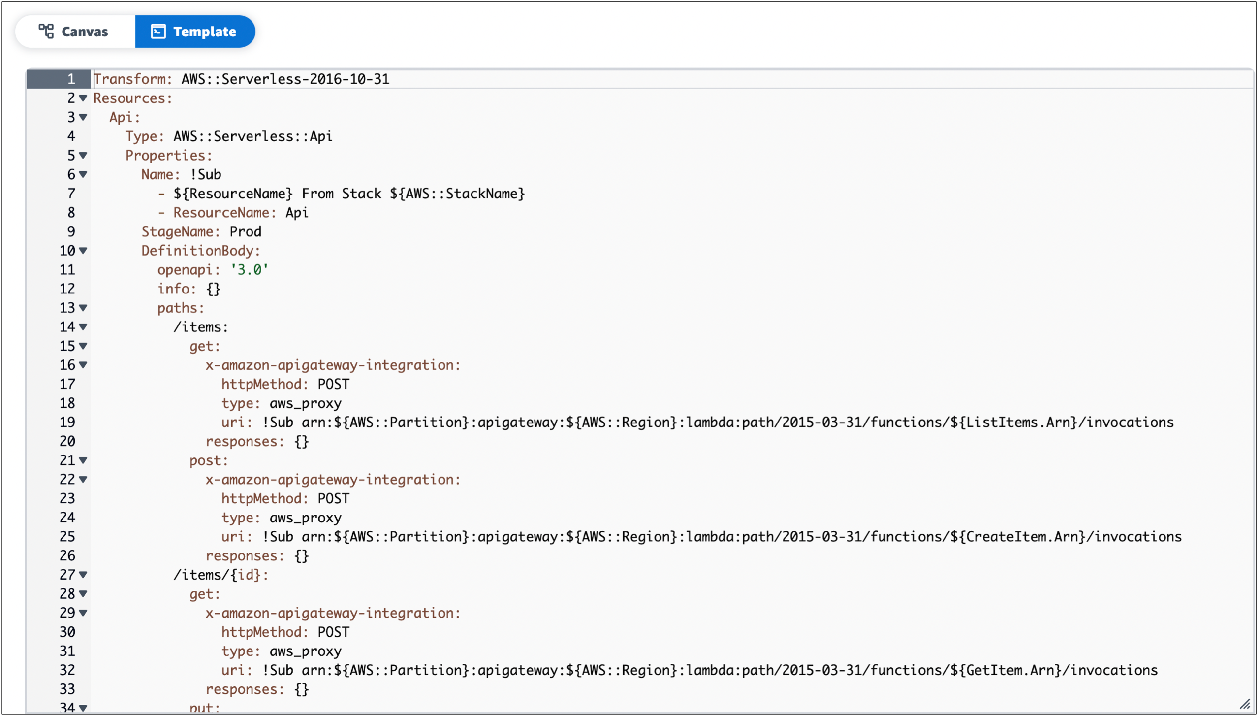Screenshot der Infrastructure Composer-Vorlagenansicht mit dem Vorlagencode des Demo-Projekts.