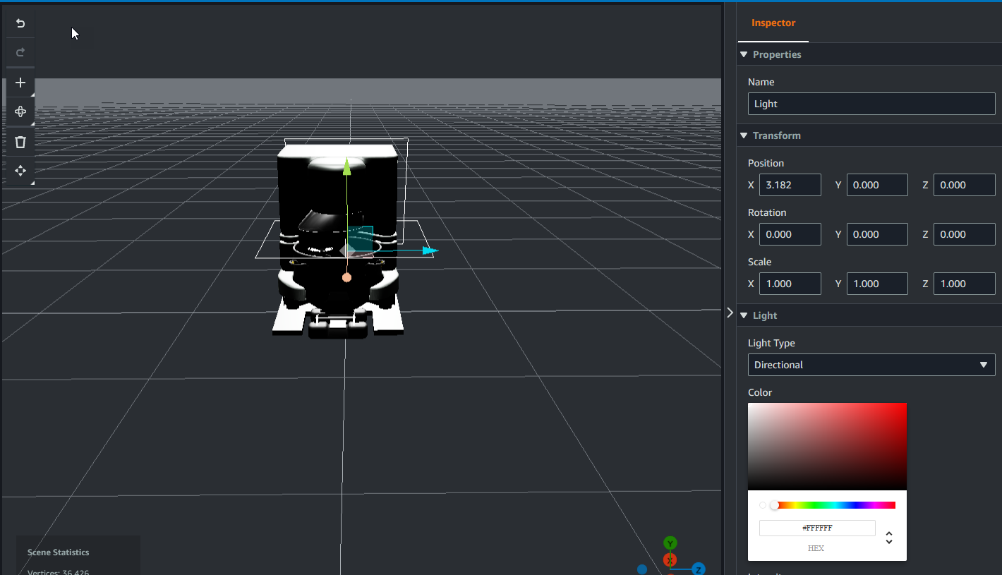 Eine Szenen-Leinwand, auf der die Steuerelemente „Lichttyp“ und „Farbe“ für den ausgewählten Cookie-Mixer angezeigt werden.
