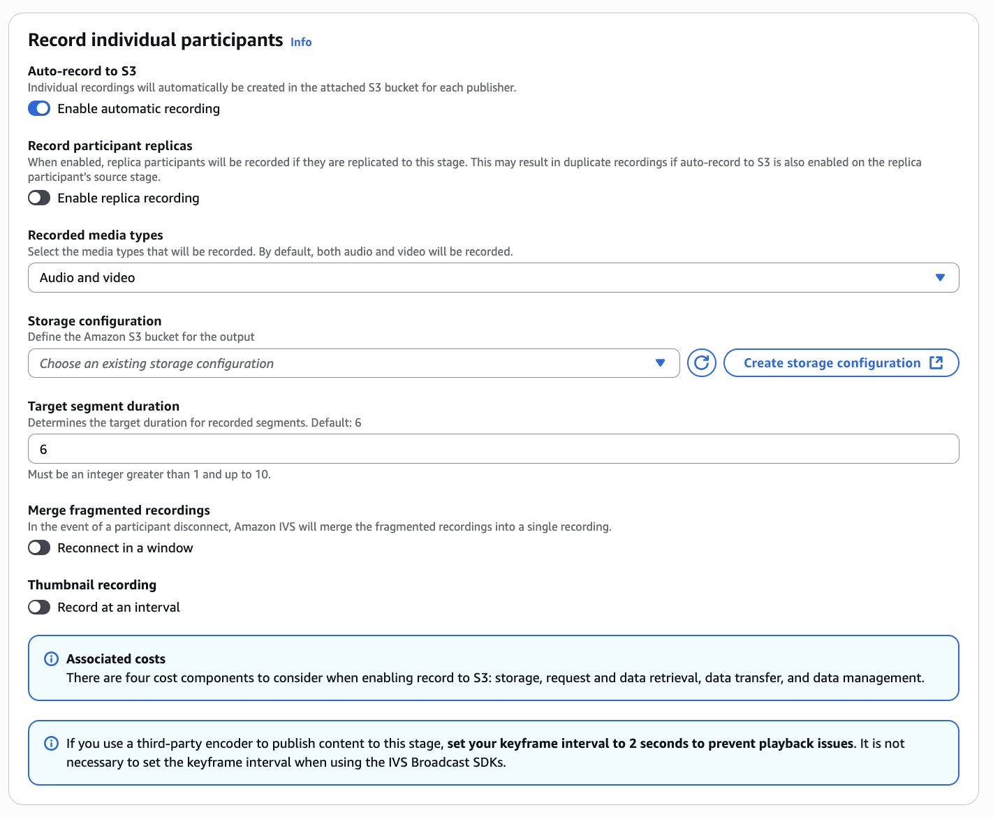 Im Dialogfeld „Einzelne Teilnehmer aufzeichnen“ können Sie die Aufzeichnung einzelner Teilnehmer für eine Stage konfigurieren.