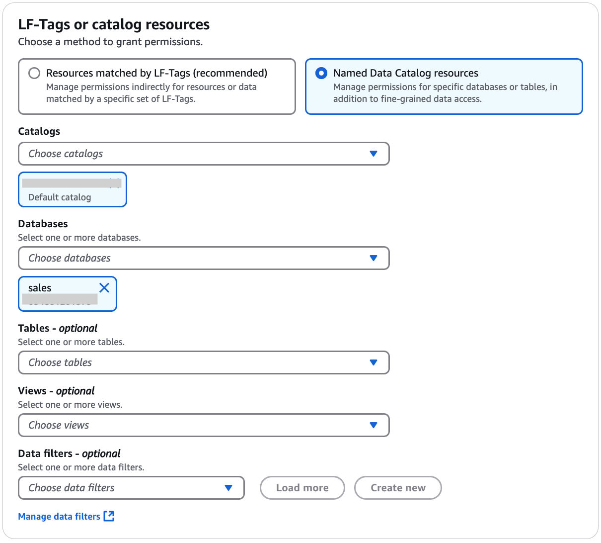 Der Abschnitt LF-Tags oder Katalogressourcen enthält zwei horizontal angeordnete Kacheln, wobei jede Kachel ein Optionsfeld und beschreibenden Text enthält. Die Optionen lauten Ressourcen, denen LF-Tags zugeordnet sind, und Benannte Datenkatalogressourcen. Unter den Kacheln befinden sich zwei Dropdownlisten: Datenbank und Tabelle. Unter der Datenbank-Dropdown-Liste befindet sich eine Kachel, die den ausgewählten Datenbanknamen enthält.