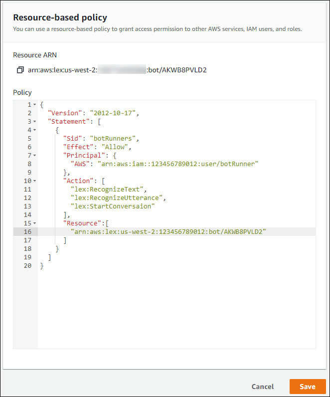 Der ressourcenbasierte Richtlinieneditor der Amazon Lex V2-Konsole.