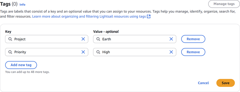 Key-Value-Tags in der Lightsail-Konsole.