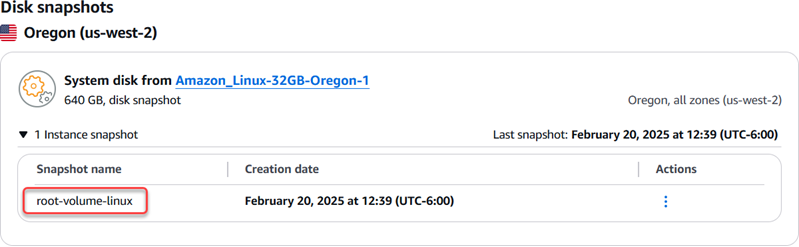 Festplatten-Snapshot des Root-Volumes in der Lightsail-Konsole.