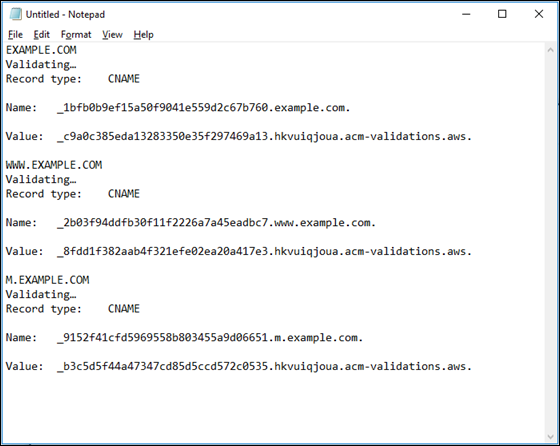 Textdatei mit Zertifikat-CNAME-Datensätzen.