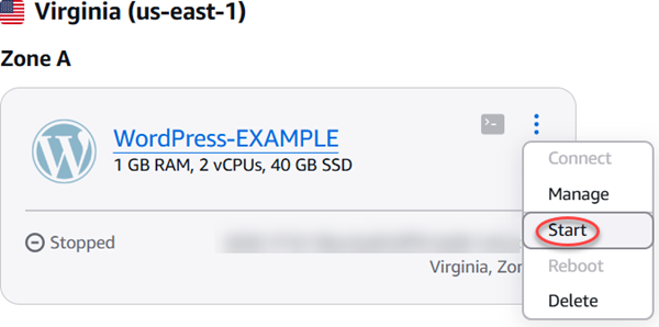 Start Ihrer Instance aus dem Menü der Instance-Verwaltung