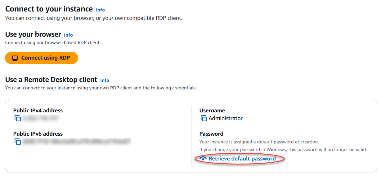Die Option Standardkennwort anzeigen auf der Registerkarte Lightsail Instance Connect.