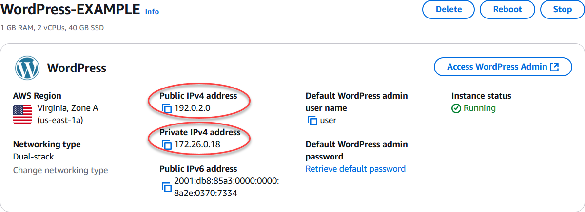 Instance-IP-Adressen im Headerbereich der Instance-Verwaltungsseite.