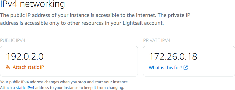IPv4 Instanzadressen auf der Registerkarte Netzwerk der Instanzverwaltungsseite.