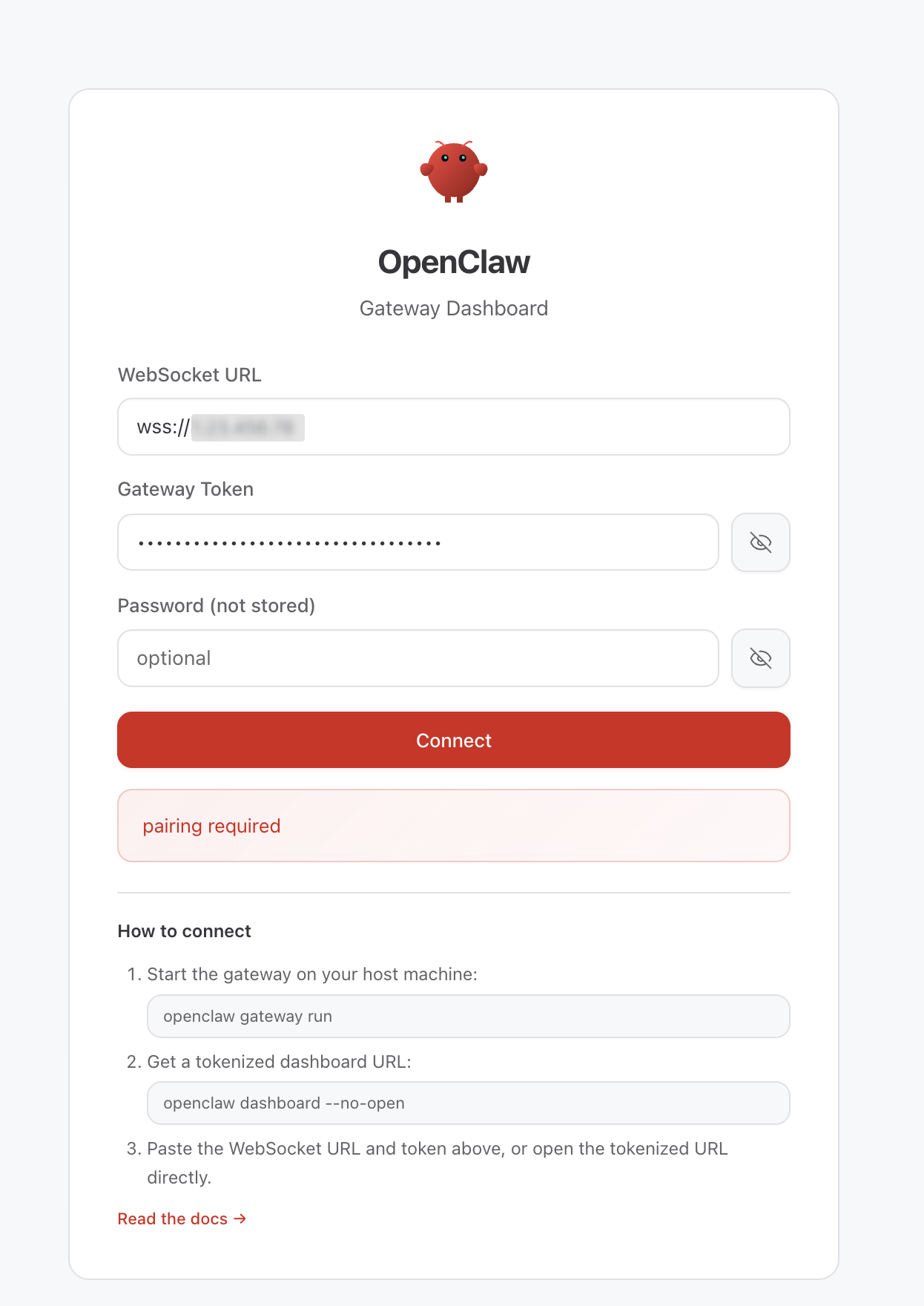 Geben Sie mithilfe von Beispieldaten ein Token für das OpenClaw Gateway ein