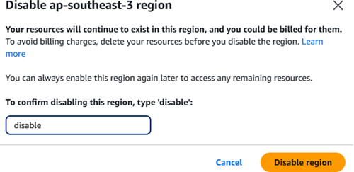 Zeigt die Bestätigung zur Deaktivierung einer Opt-in-Region an.