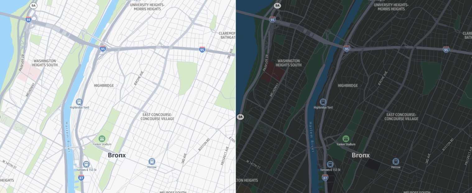 Map of Bronx area showing highways, neighborhoods, and landmarks in light and dark modes.