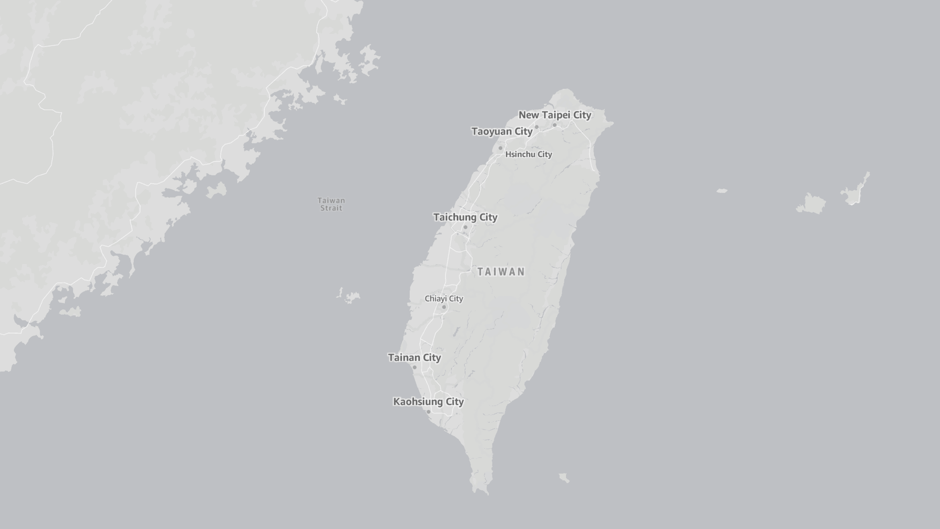 Map of Taiwan showing major cities and the Taiwan Strait, with a monochrome color scheme.