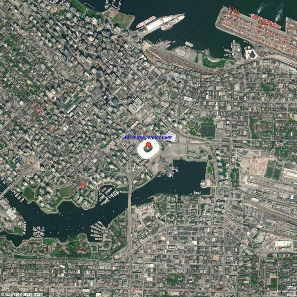 Aerial view of Vancouver's downtown and harbor, with BC Place stadium marked.