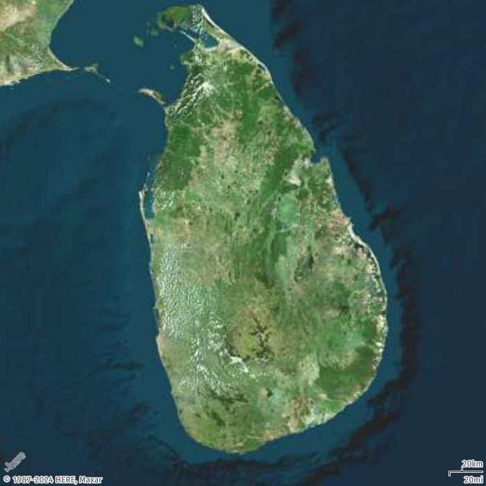 Satellite view of Sri Lanka, showing the teardrop-shaped island nation surrounded by ocean.
