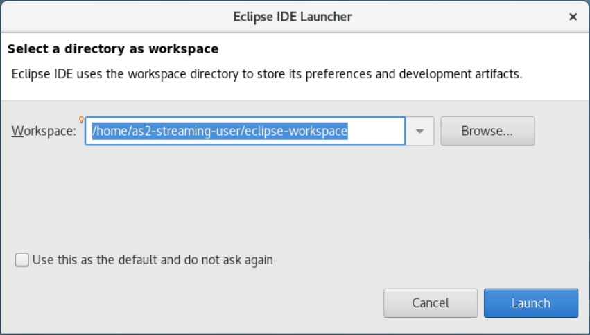 AWS Transform for mainframeEclipse IDE-Launcher WorkSpaces unter Anwendungen. Workspace ist ausgewählt.