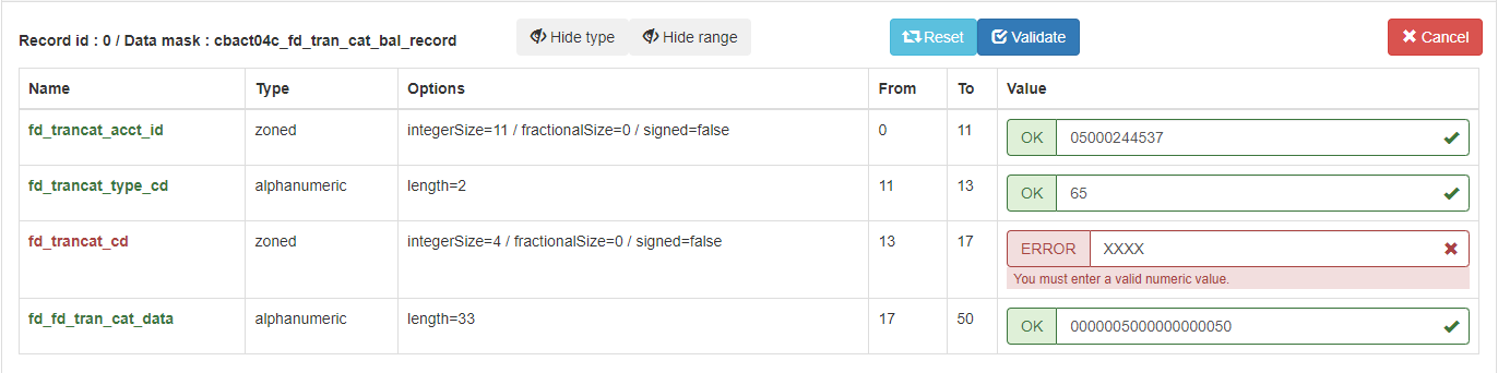 Data entry form with validation error on numeric field, showing incompatible value.