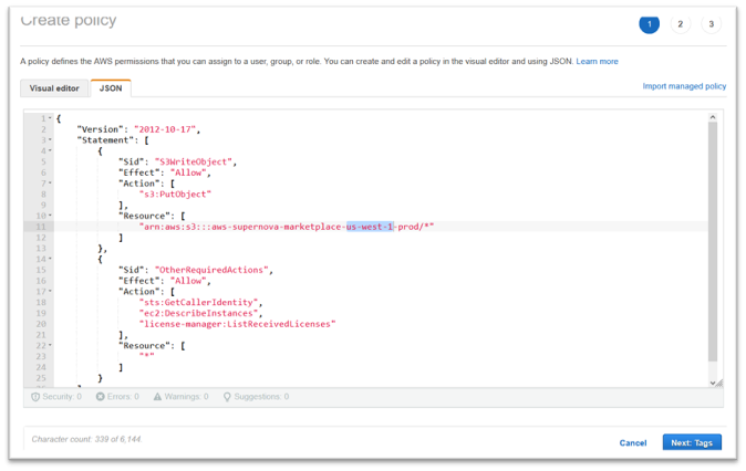 JSON-Tab mit eingegebener Richtlinie und hervorgehobenem us-west-1.